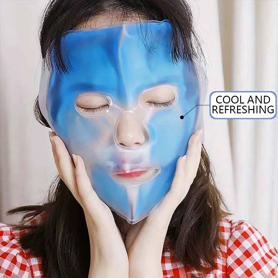A person wearing a blue, translucent PVC gel cooling face mask for hot or cold spa therapy.
