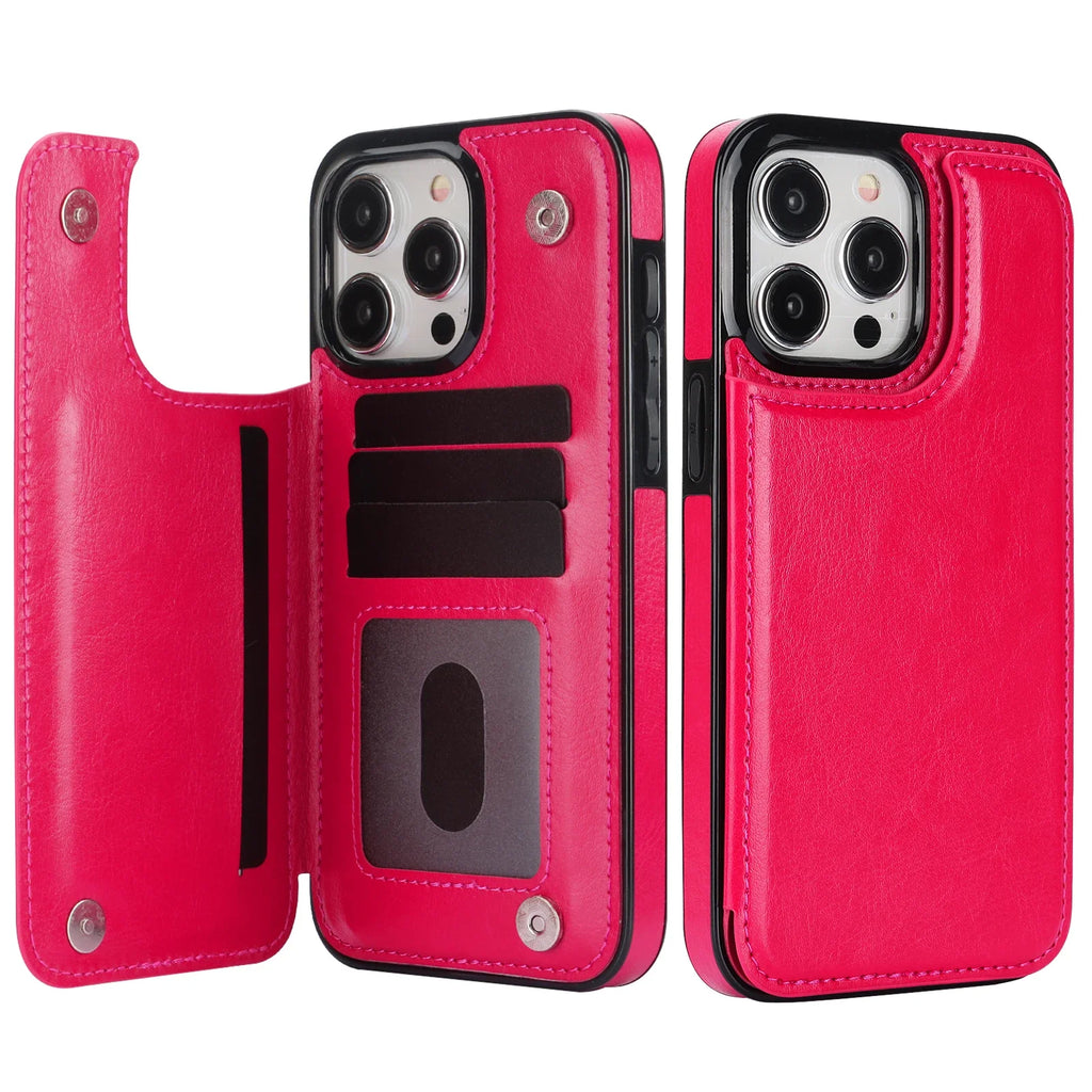 iPhone 16 Leather Wallet Case With Card Stand - Slim Shock-Absorbing Cover Rose red Tidesmit