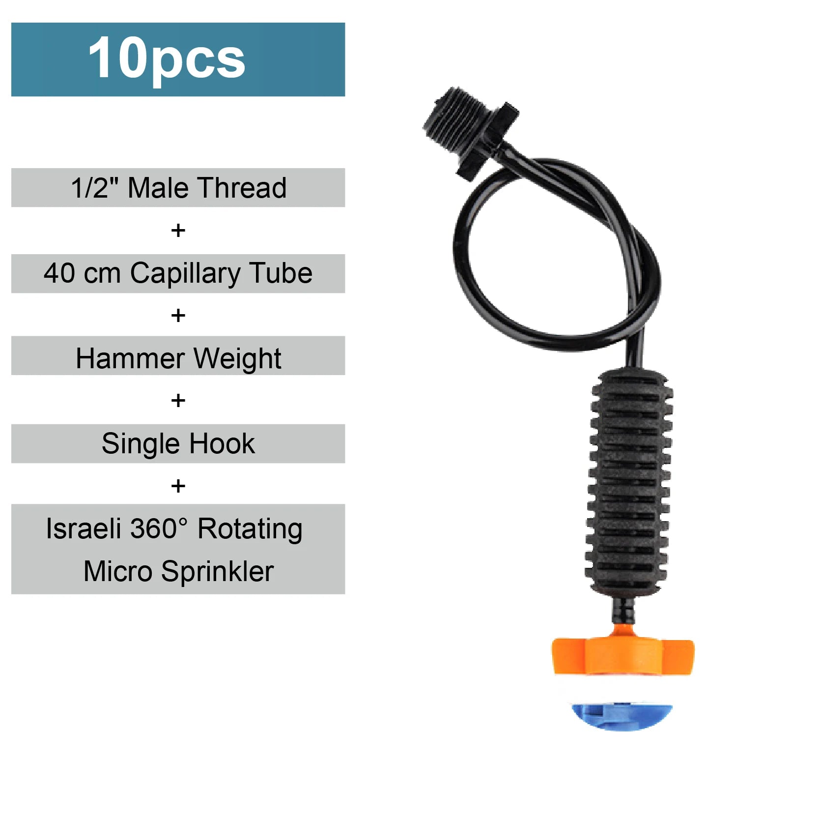 360-degree rotating micro sprinkler nozzle with capillary tube and single hook, orange base