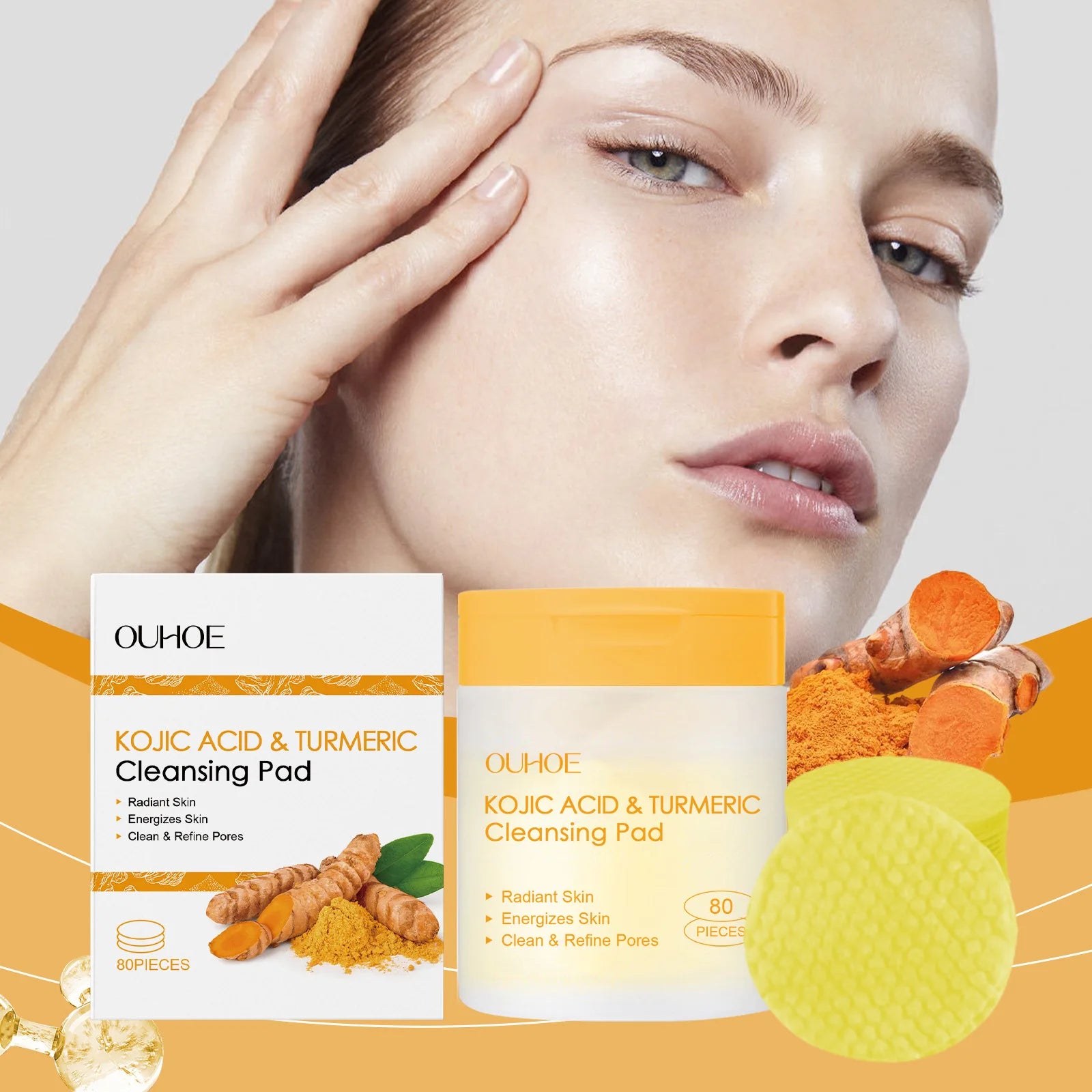 OUHOE Turmeric Kojic Acid Exfoliating Cleansing Pads Fade Dark Spot Oil Brightening Moisturizing Whitening Facial Sponges Cotton