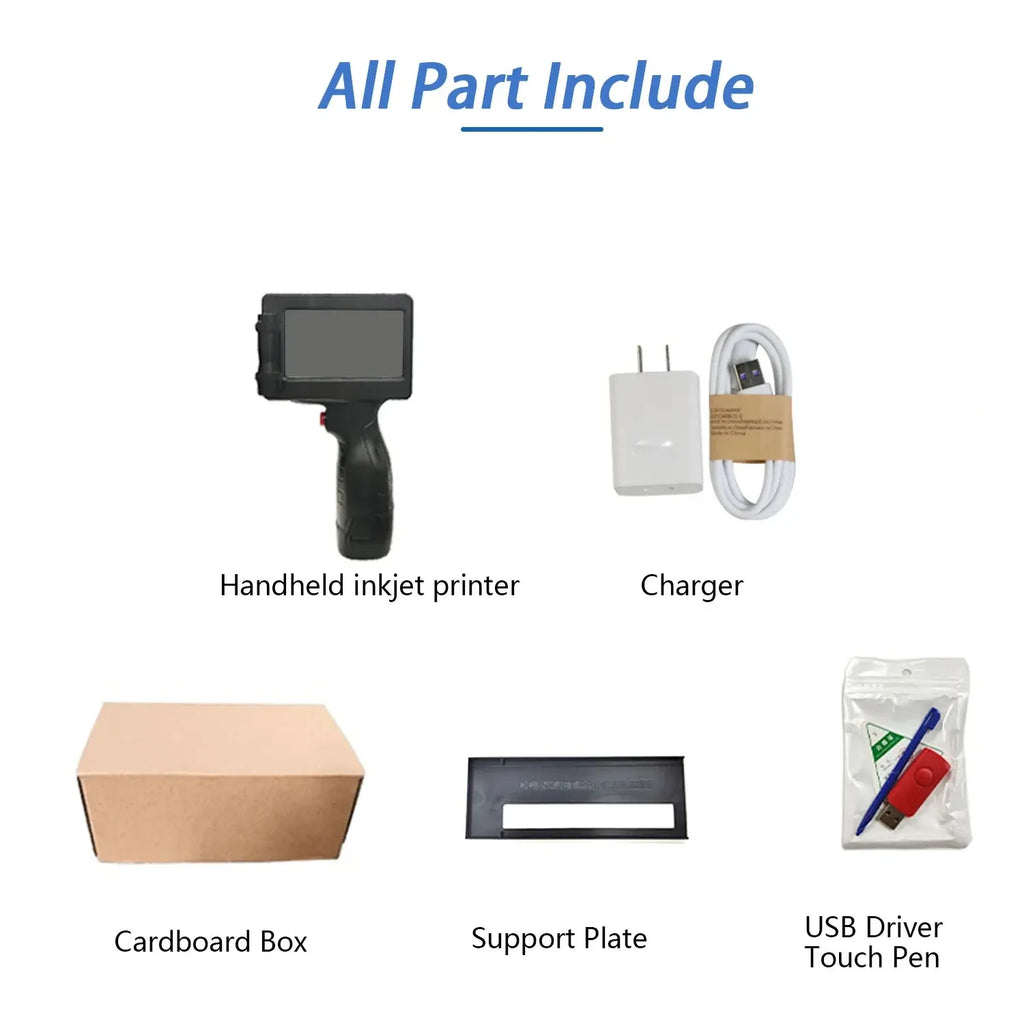 Handheld inkjet printer kit with charger, touch pen, card box, and support plate