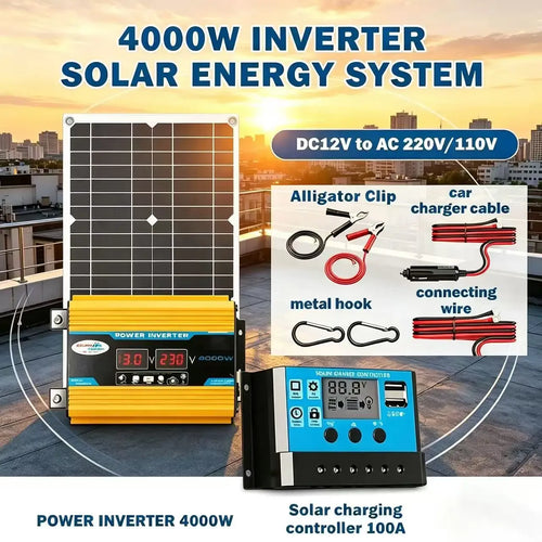 Solar generator kit with a black solar panel, yellow 4000W inverter, blue 100A controller, and cables on a rooftop.