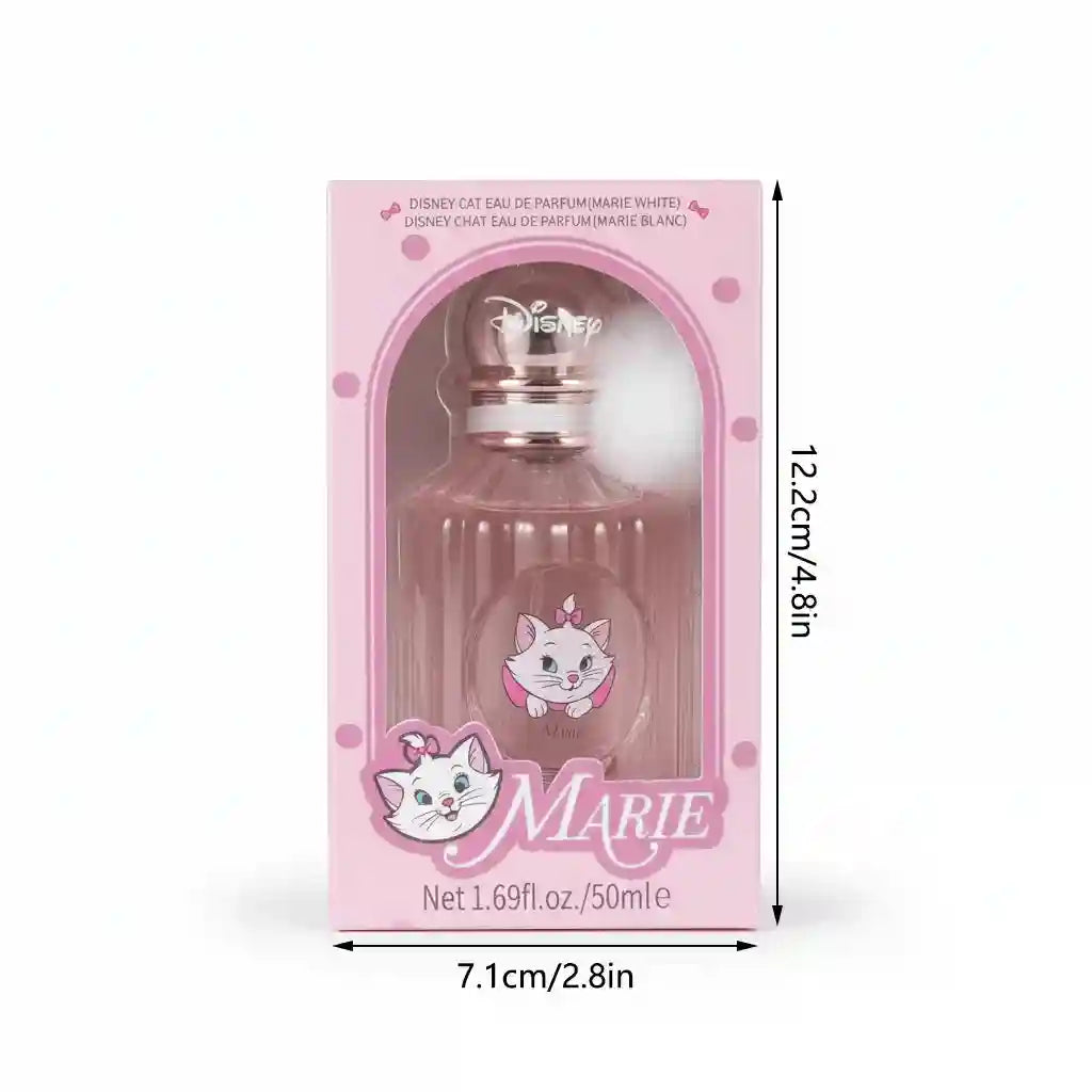 MINISO x Disney Marie Eau de Parfum: Pink 50ml floral-fruity women's fragrance in a round, pleated glass bottle.