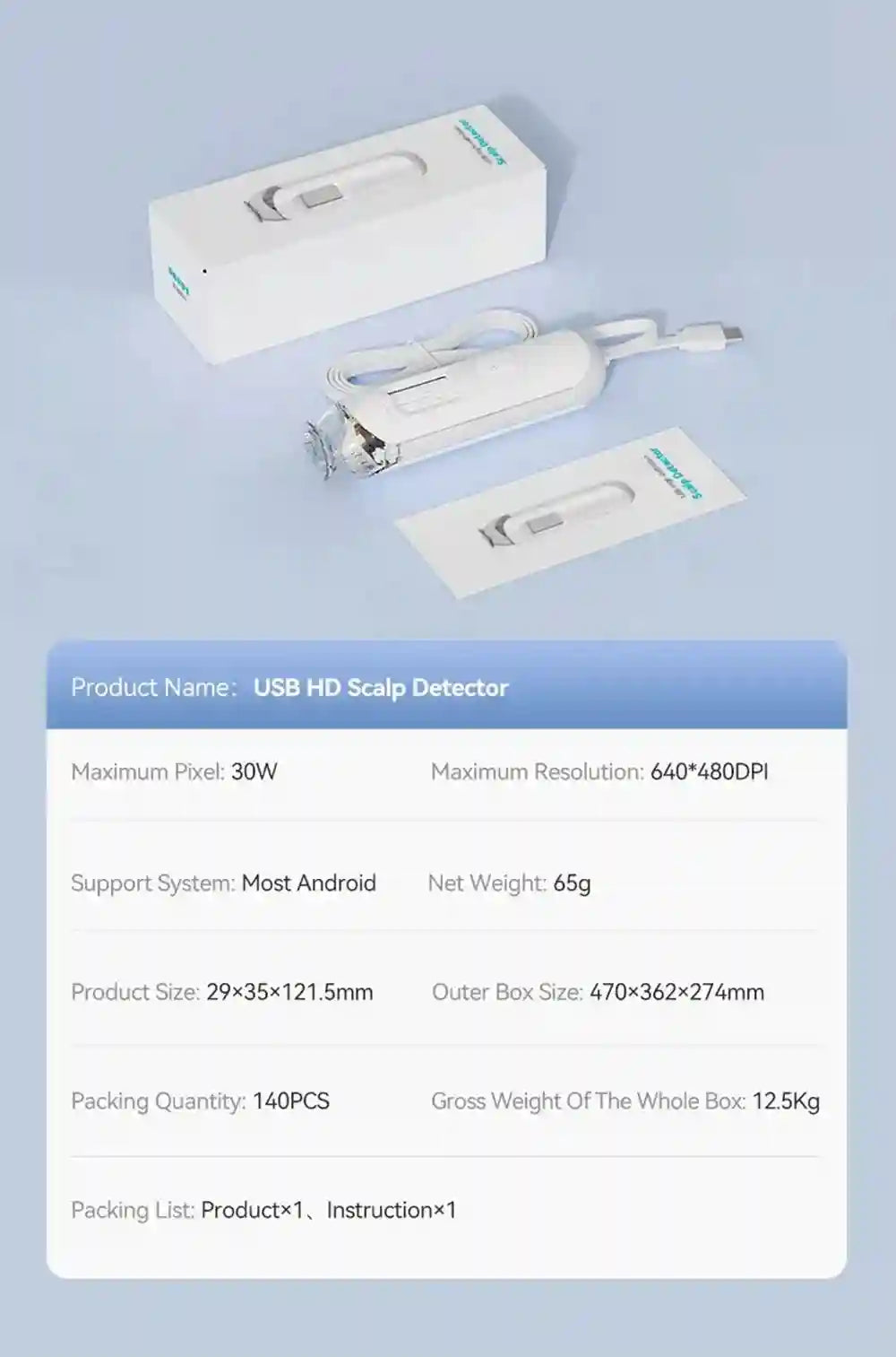 White USB digital skin and scalp detector with 50X/200X lens, handheld diagnostic tool for hair and skin care analysis.