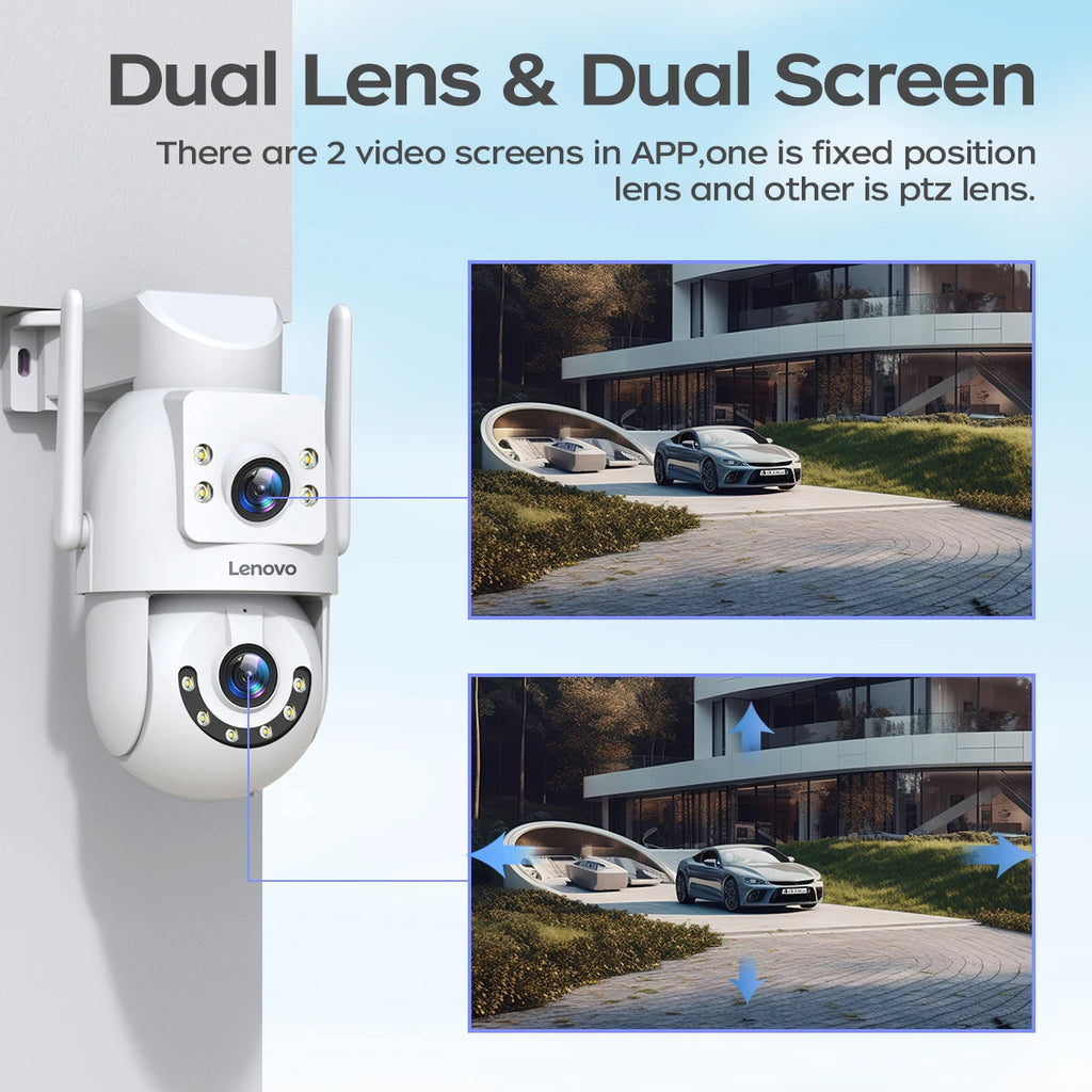 Lenovo 8MP Outdoor Security Camera with Dual Lens AI Tracking PTZ Color Night Vision Waterproof Home Surveillance Protection