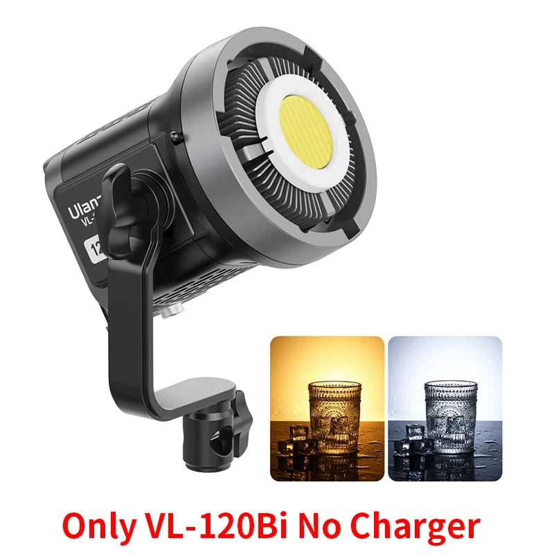 VL-120Bi black LED video light with round lamp head, mounting bracket, and adjustable warm-to-cool lighting.