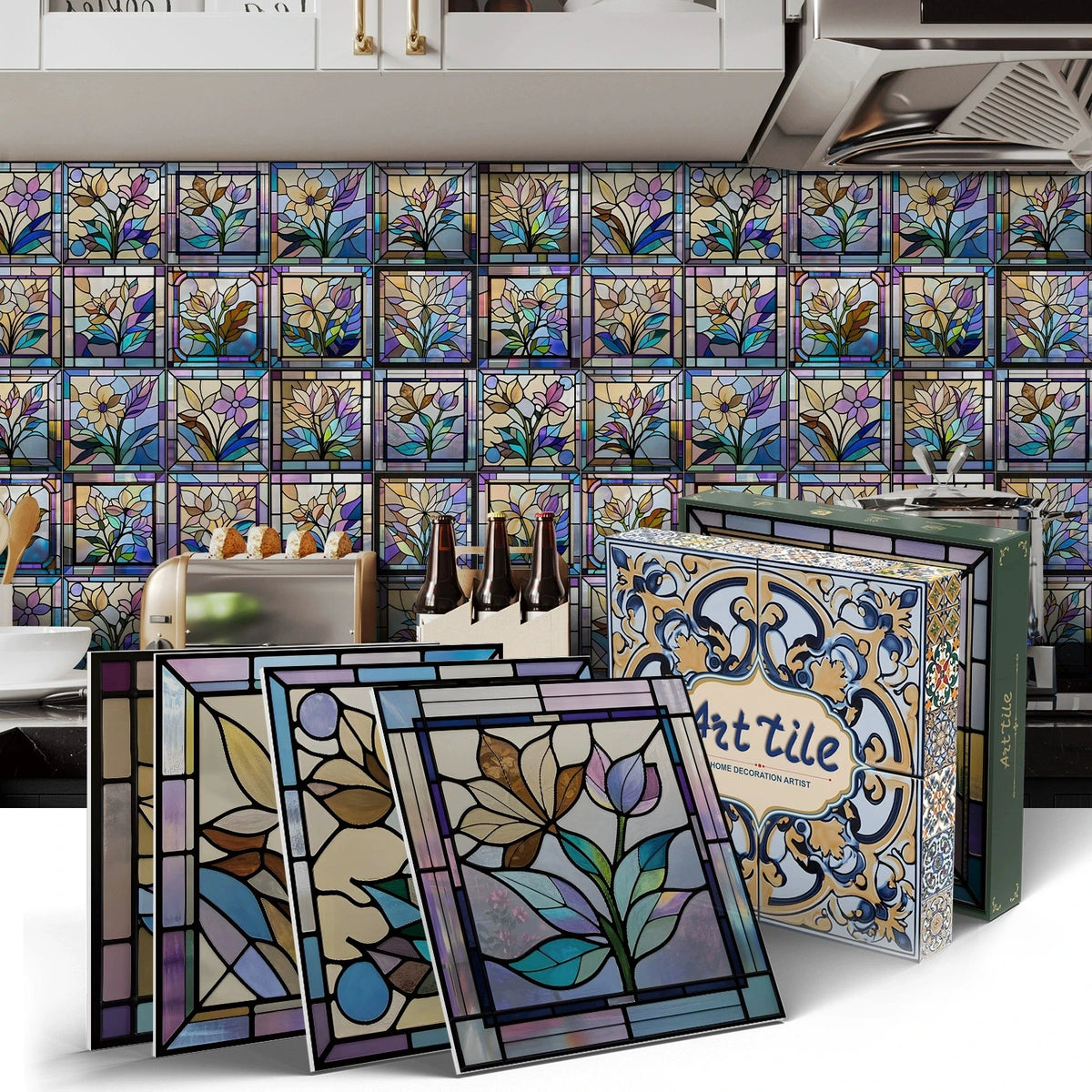 Peel-and-stick mosaic tile sticker sheets with multicolor floral grid and stained-glass look