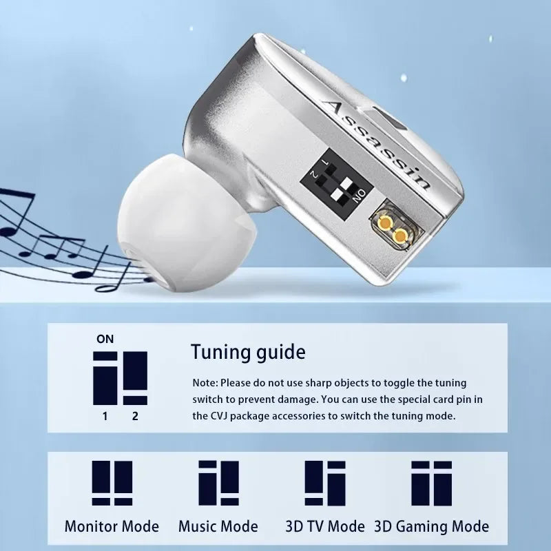 CVJ Assassin Silver in Ear Earphones 1BA+1DD+1Vibrate Game Mode HIFI Microphone Hybrid Tuning Switch Wired Earbuds IEM Headphone Tidesmit