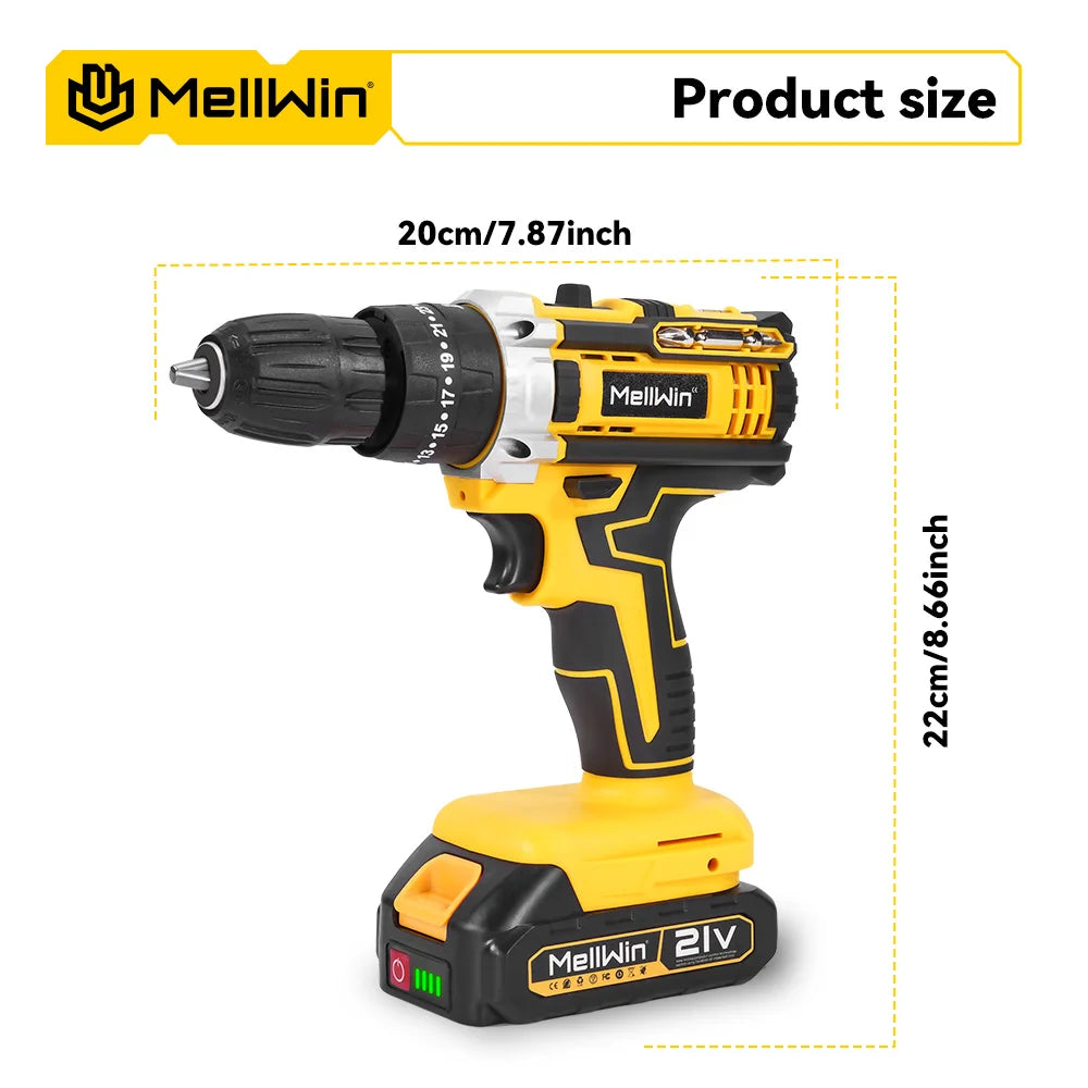 MELLWIN Cordless Electric Impact Drill Set 25+3 Torque Multipurpose Electric Screwdriver Power Tool For Makita 18V Battery Pin