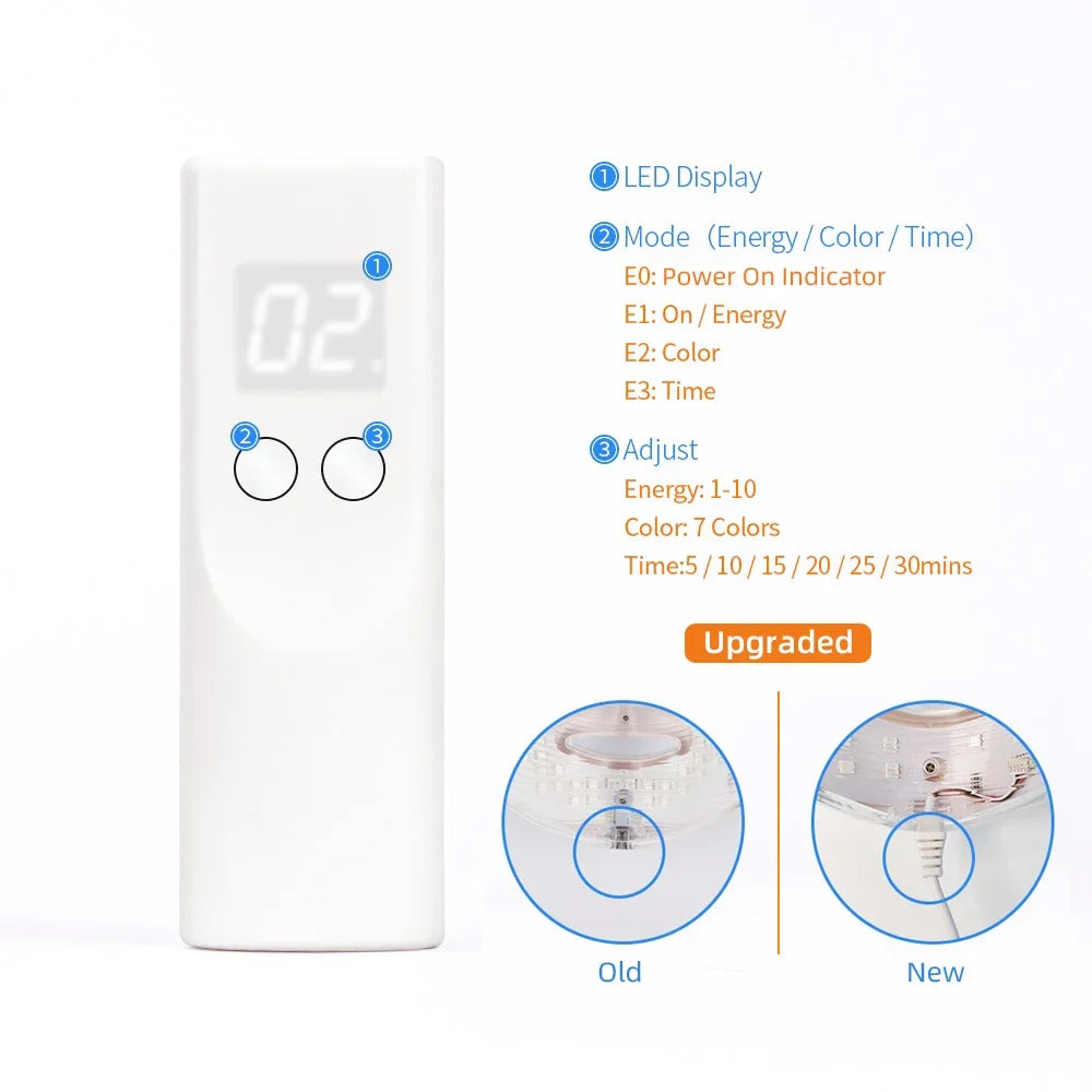White rectangular facial massager controller with digital LED display, two circular buttons, and an upgraded power port.