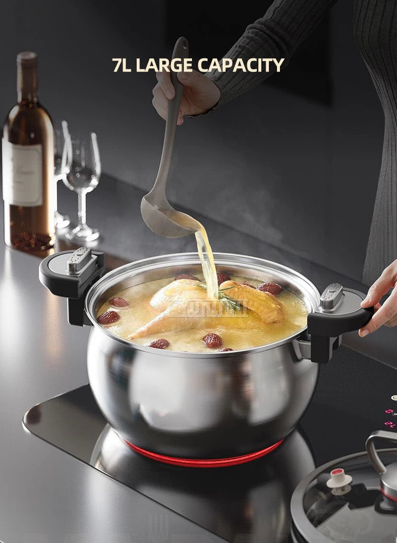Stainless steel pressure cooker with locking lid and side handles, liquid pouring into pot