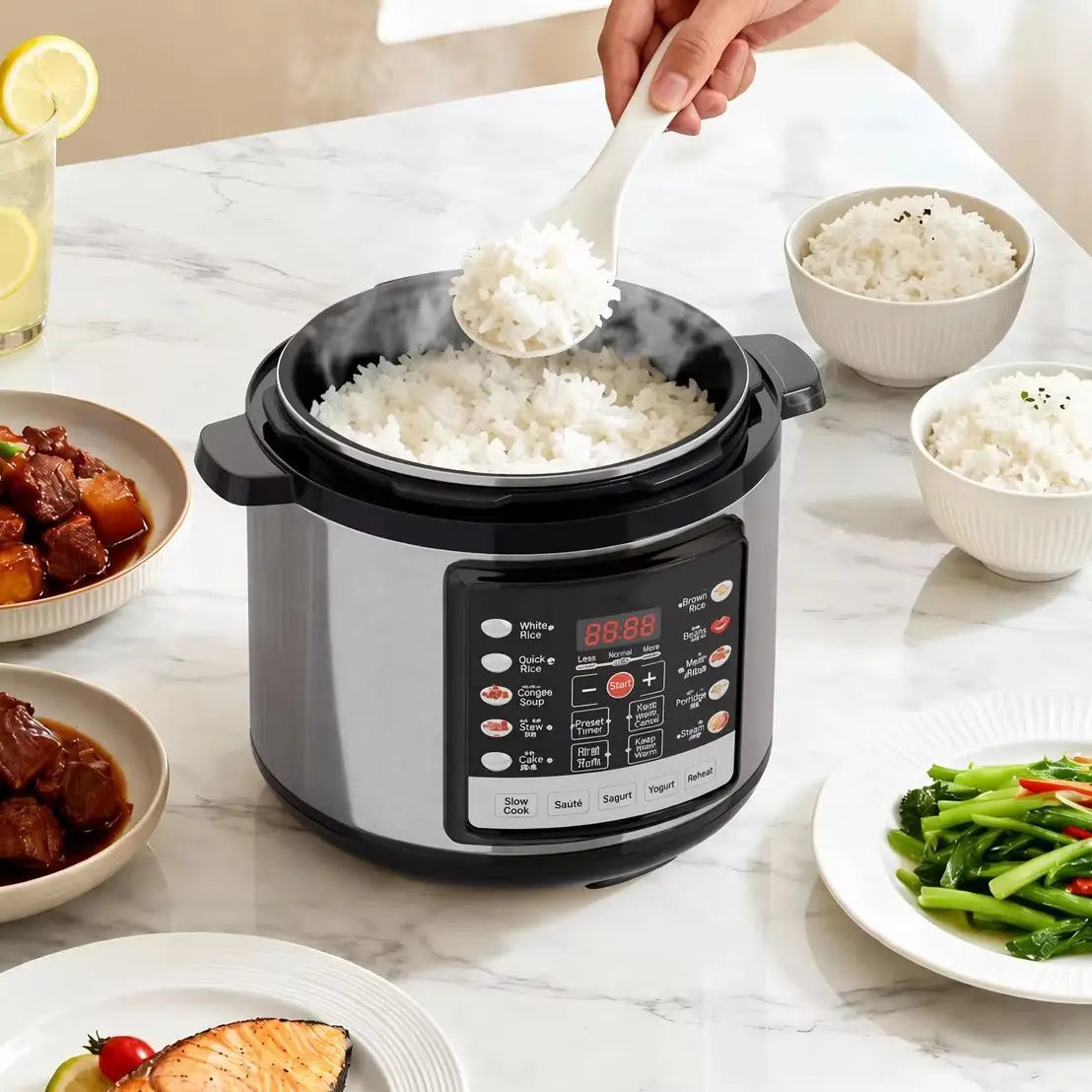 Electric pressure cooker pot with inner rice being poured into the opened lid