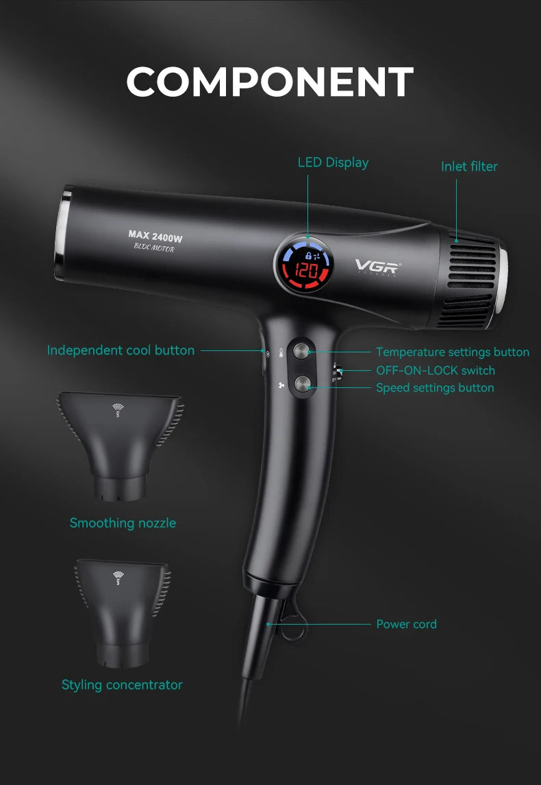 VGR V-469 professional black hair dryer with BLDC motor, LED display, smoothing nozzle, and styling concentrator.
