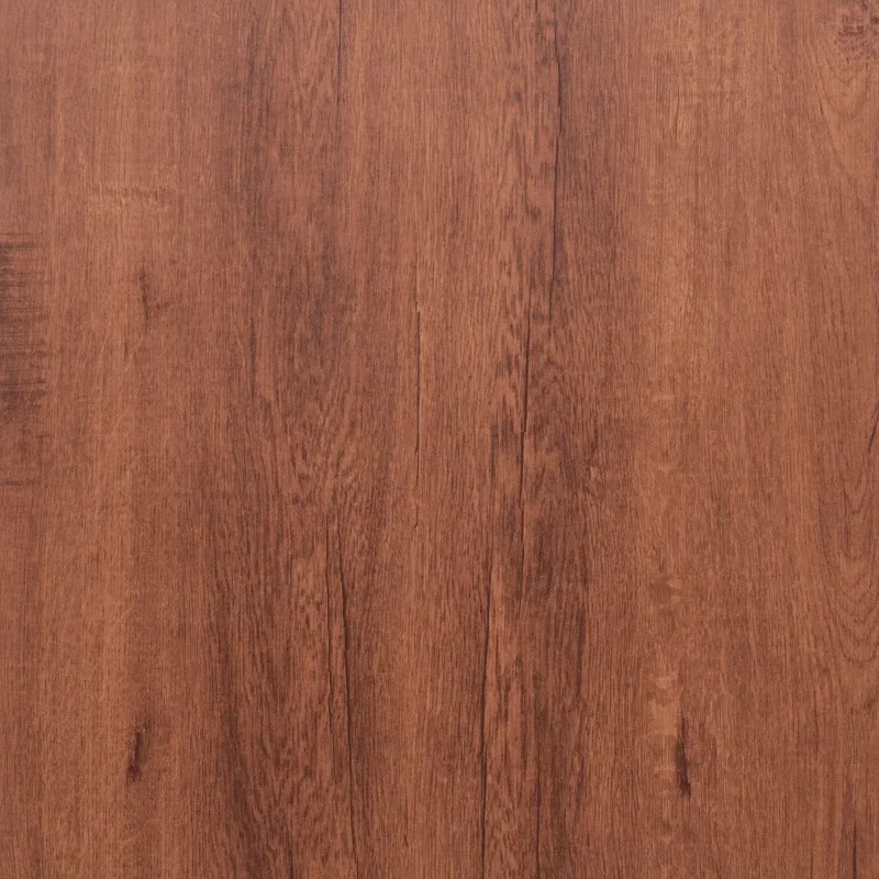 Self-adhesive vinyl floor tile with reddish-brown wood grain pattern, flat finish