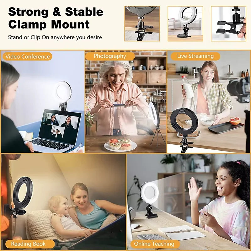 Black circular LED ring light with adjustable clamp mount for video calls, photography, streaming, and reading.