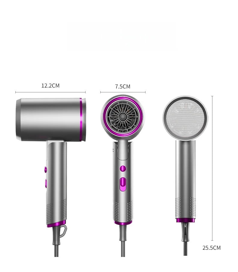 Foldable silver and purple negative ion hair dryer with high-speed motor and nozzle, shown with product dimensions.
