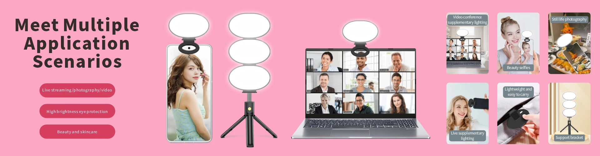 Clip-on LED ring light for smartphones and laptops, featuring a stackable design and compact tripod for photography.