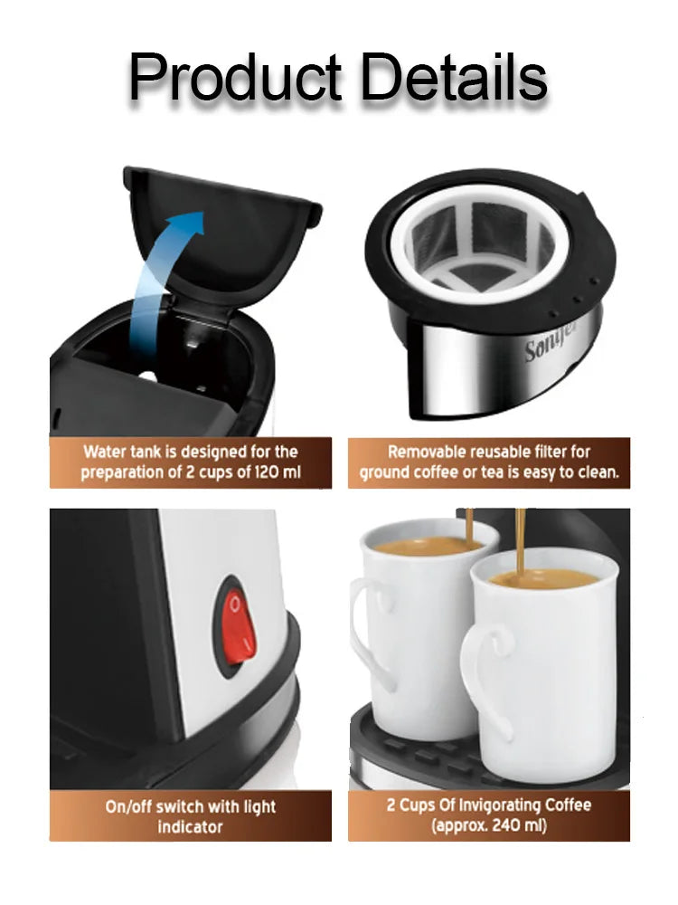 Sonifer 2-cup coffee and tea maker with reusable filter, 240ml capacity, and illuminated on/off switch.