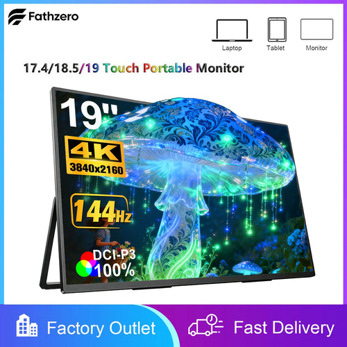 Fathzero 19-inch 4K 144Hz portable monitor angled view showing a vibrant mushroom display on a thin black frame.