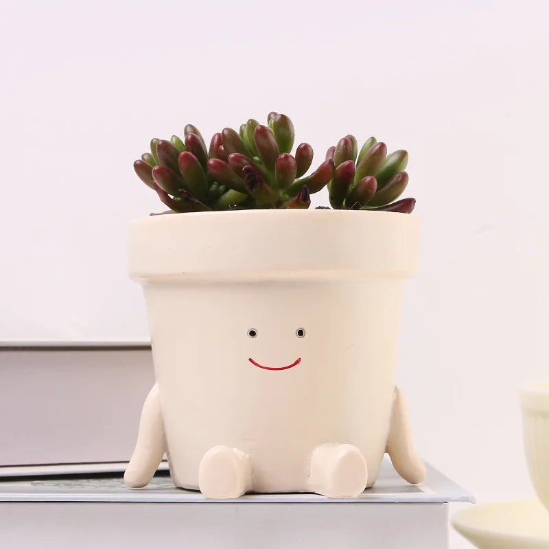 Mini hanging succulent planter pot with smiling face and red-tipped succulent on top