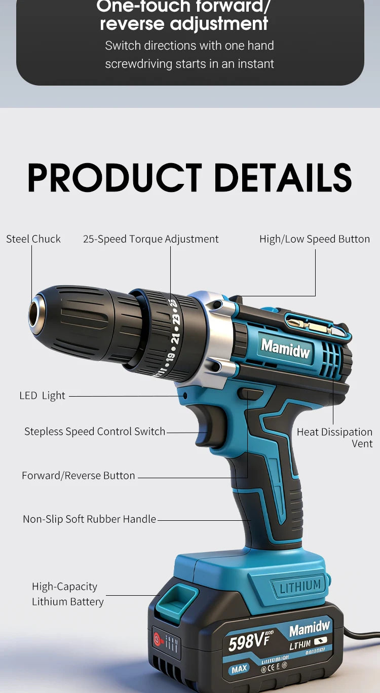 Mamidw Lithium Cordless Impact Drill 100N.M Max Torque 2350RPM Built-in LED Light Wireless Power Drill for Home Renovation & Construction Work, For Makita 18V Battery PIN