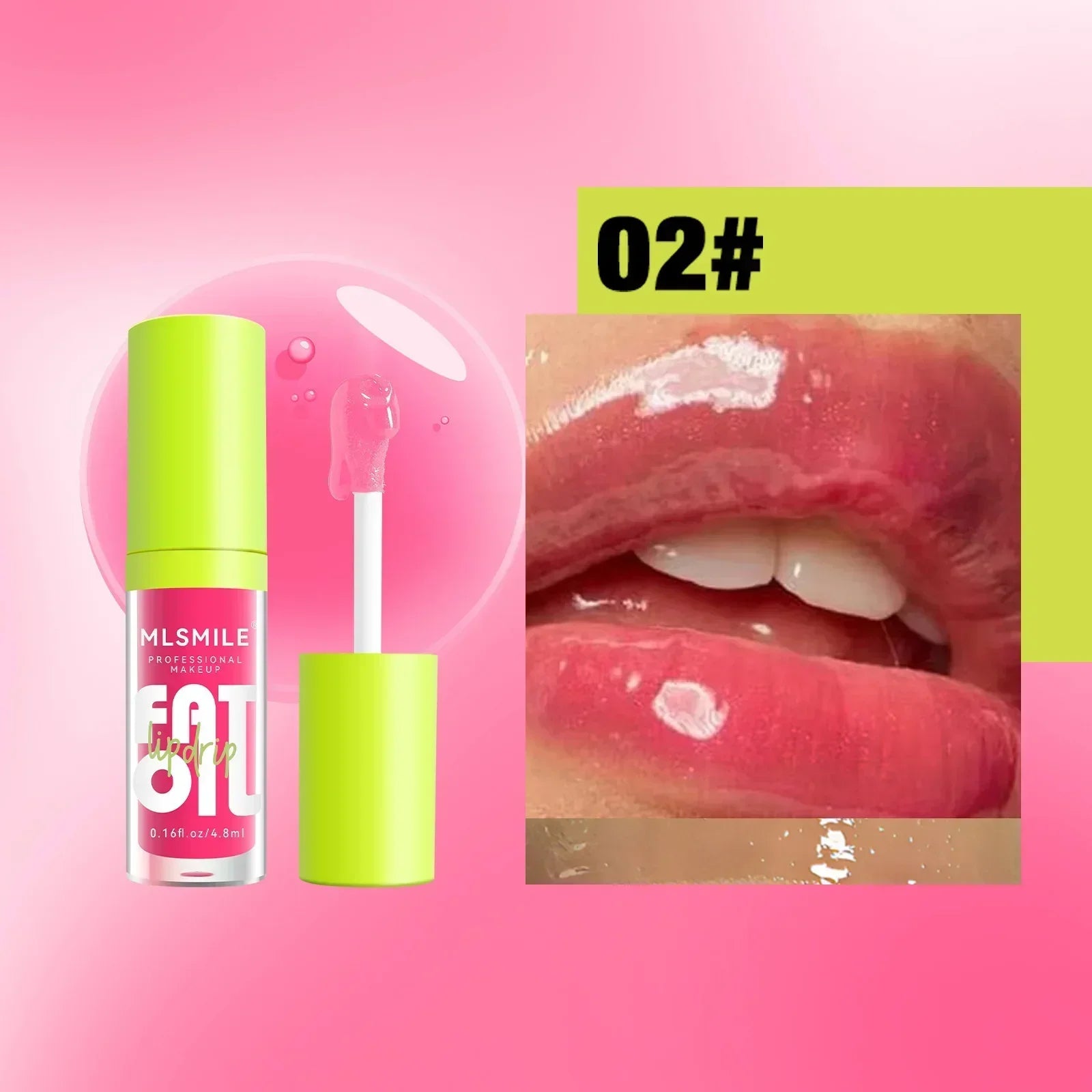 Moisturizing pink glitter lip gloss and plumper, 02# shade, featuring a glossy, nutritious, non-sticky liquid texture.