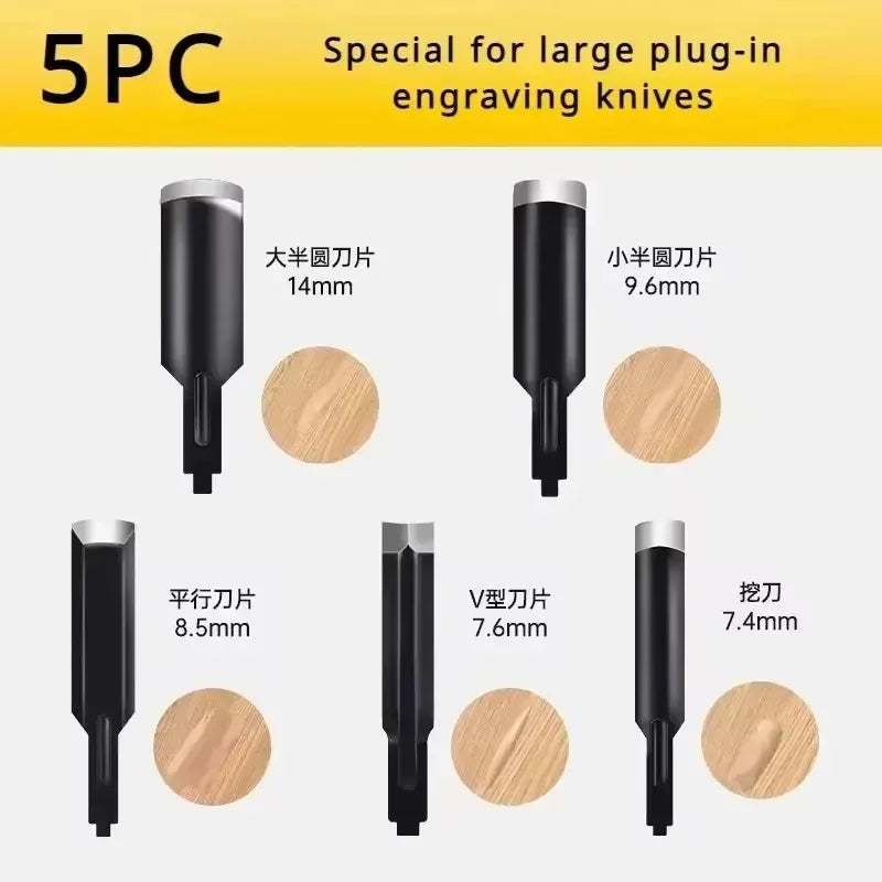 Large plug-in engraving knife blade set, 5 assorted chisel tips