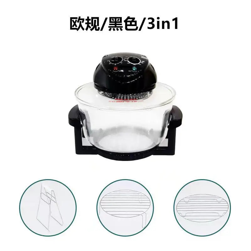 Multifunctional countertop air fryer with glass bowl and black control dome, shown with 3 racks