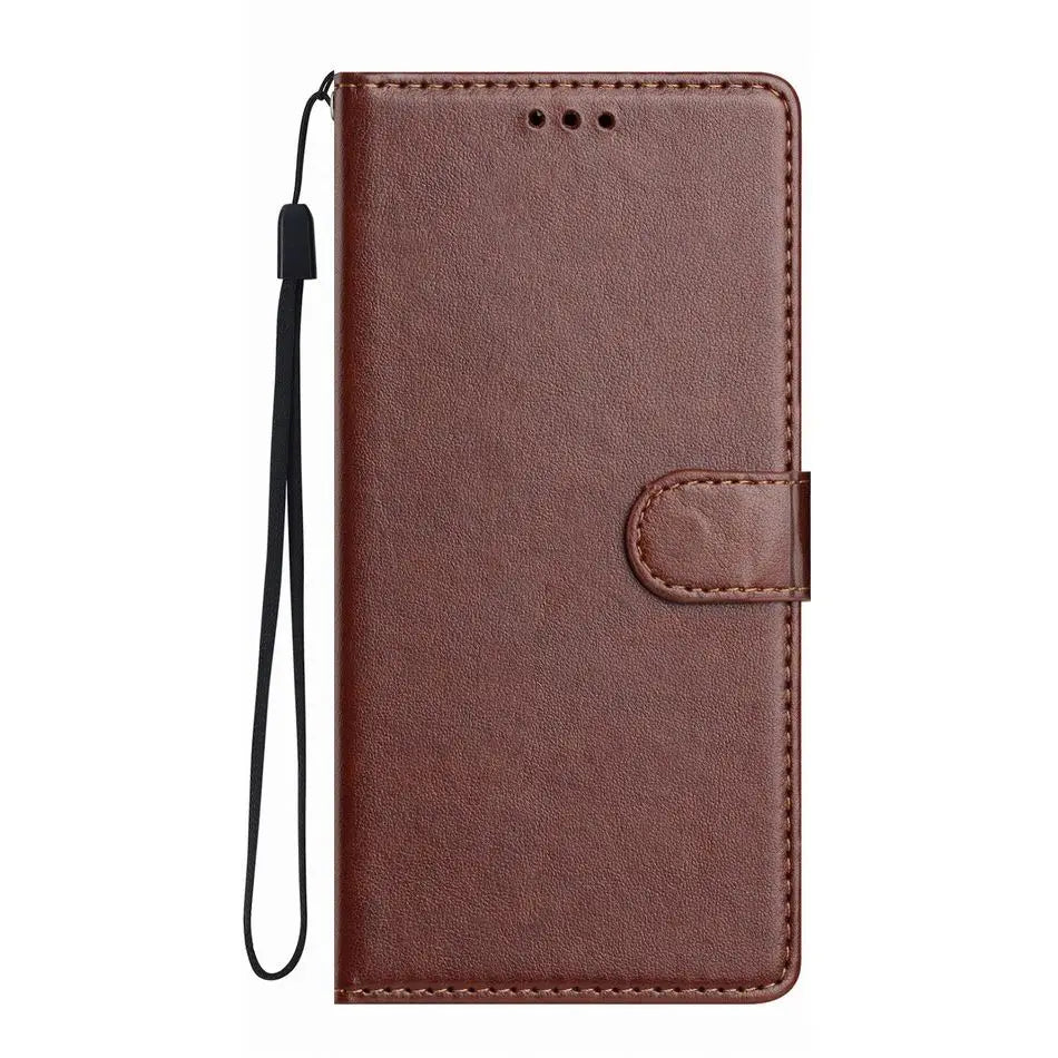 Brown faux leather wallet phone case with a magnetic closure and a black wrist strap for carrying.