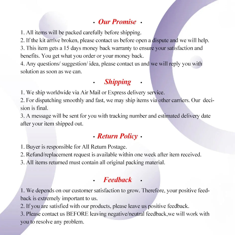 Text listing company policies for our promise, shipping, returns, and feedback on a white background with purple