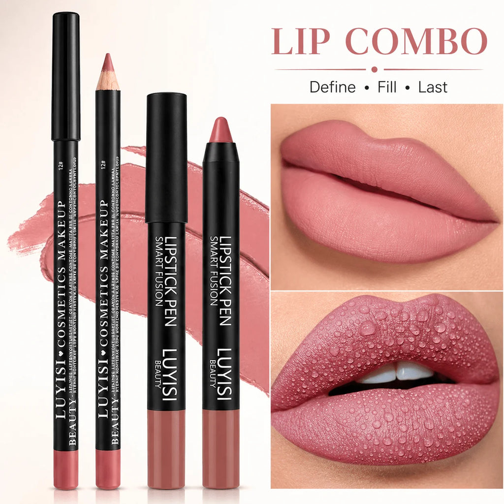 2pcs velvet lip set with matte lip liner and waterproof lipstick pencil in a long-lasting, smudge-proof dusty rose.