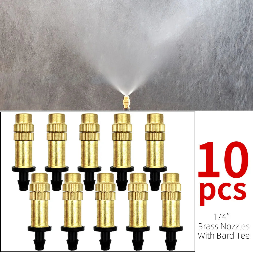 Pack of 10 brass misting nozzles with barbed T connectors and black stems