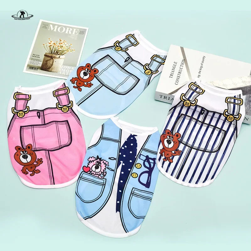 Cute cartoon print summer vest shirts for small dogs and cats, available in colorful, breathable pet clothing designs.