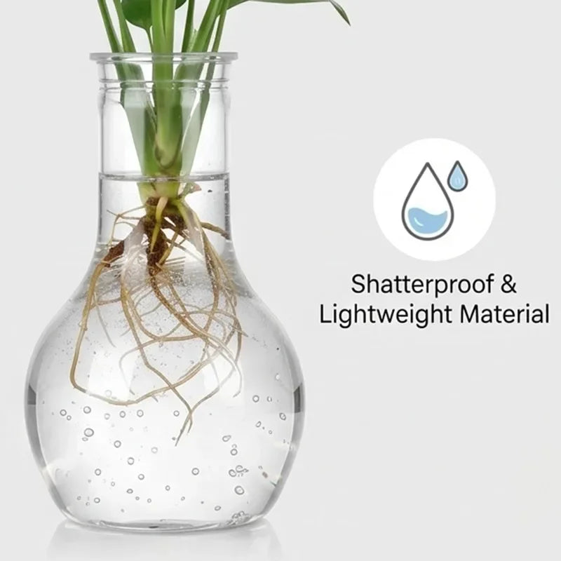 Clear glass hydroponic bulb pot with small plant, roots, and water droplets