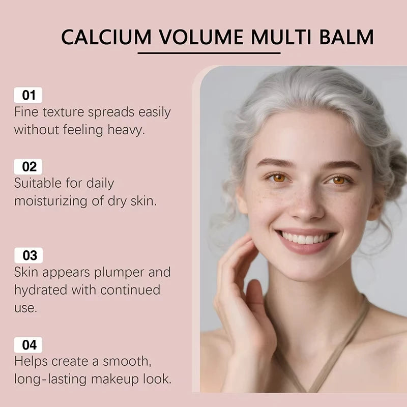 Infographic for Calcium Volume Multi Balm featuring a smiling woman with silver hair and text on skincare benefits.