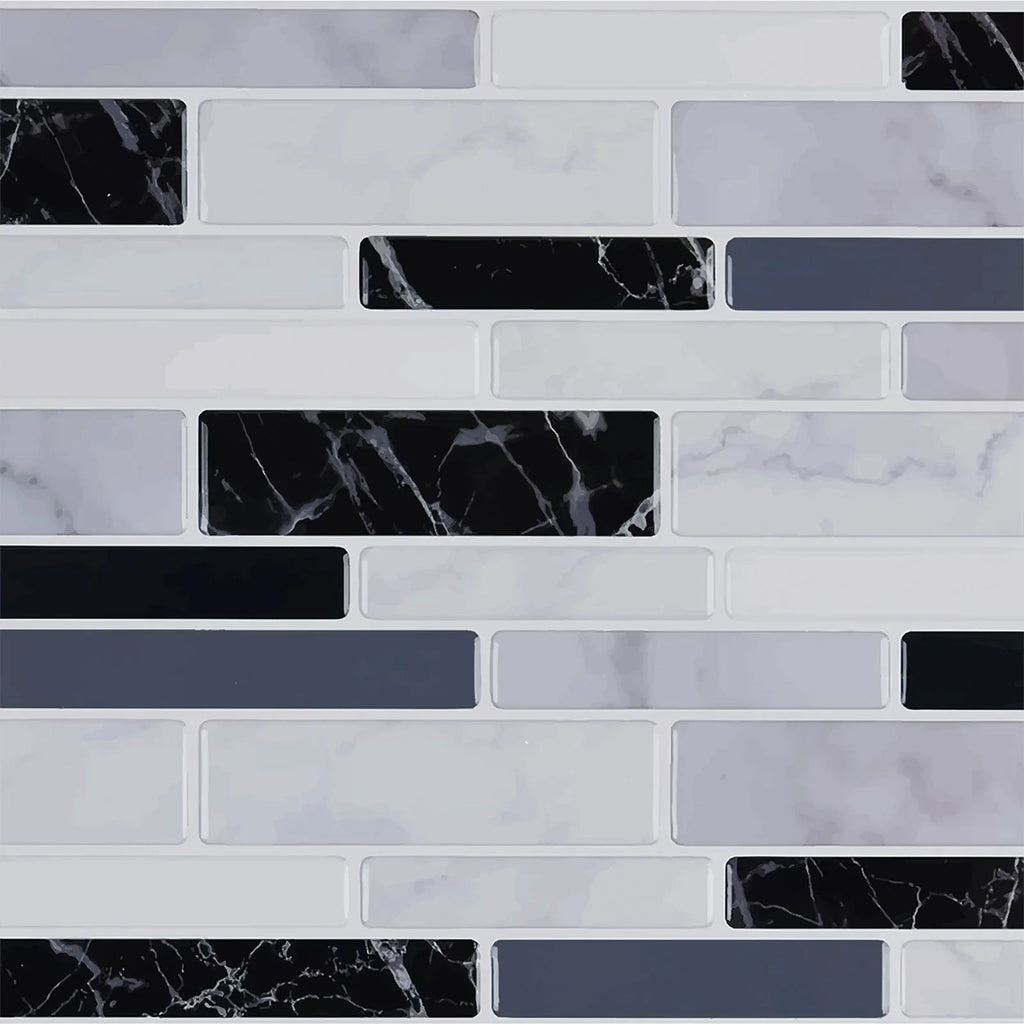 Close-up 3D mosaic tile sticker pattern, white and dark gray rectangle and marble accents