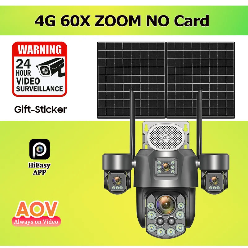 4G Solar Surveillance Camera 4‑Lens 60X Optical Zoom Human Tracking 31200MAH Battery 24‑Hour Recording Outdoor Security Cameras