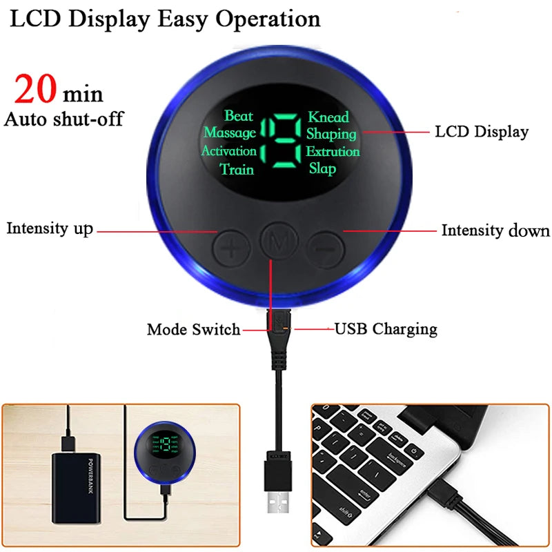 Portable EMS foot massager LCD control unit with USB charging, mode settings, and intensity buttons for pain relief.