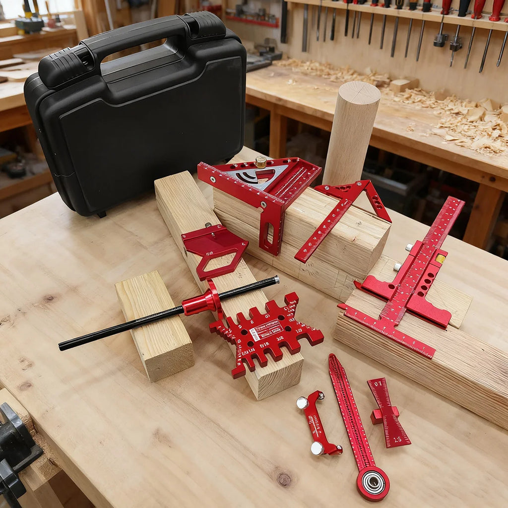 10pcs Woodworking Square Kit with Box, Aluminum Scribeing Ruler,Center Finder,Circular Drawing Compass,Honing Guide,Height Gauge