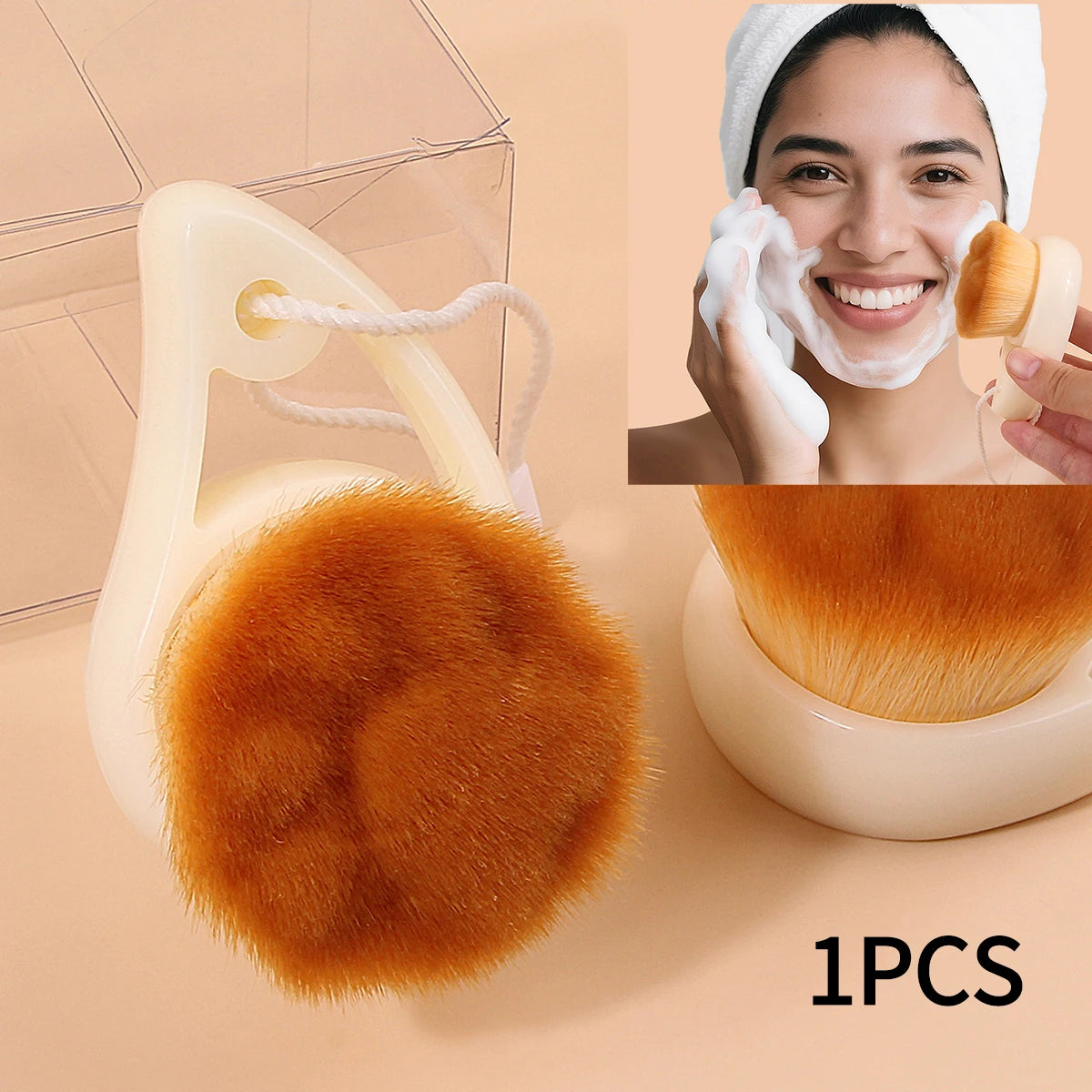 Manual handheld facial cleansing brush with soft bristles and handle, used for makeup removal and deep pore cleaning.