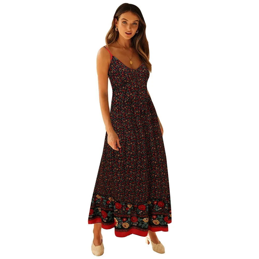 Happie Queens Women Fashion Strapless Bohemian Maxi Dress Lady Summer Vacation Beach Boho Dress Robe