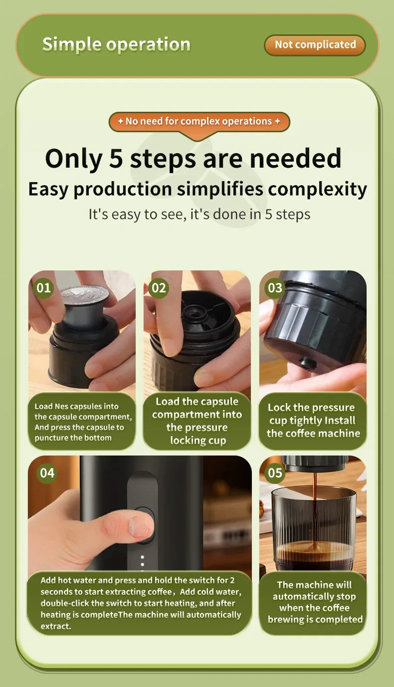 Portable black capsule coffee maker, 5-step manual instructions showing capsule loading and automatic brewing process.