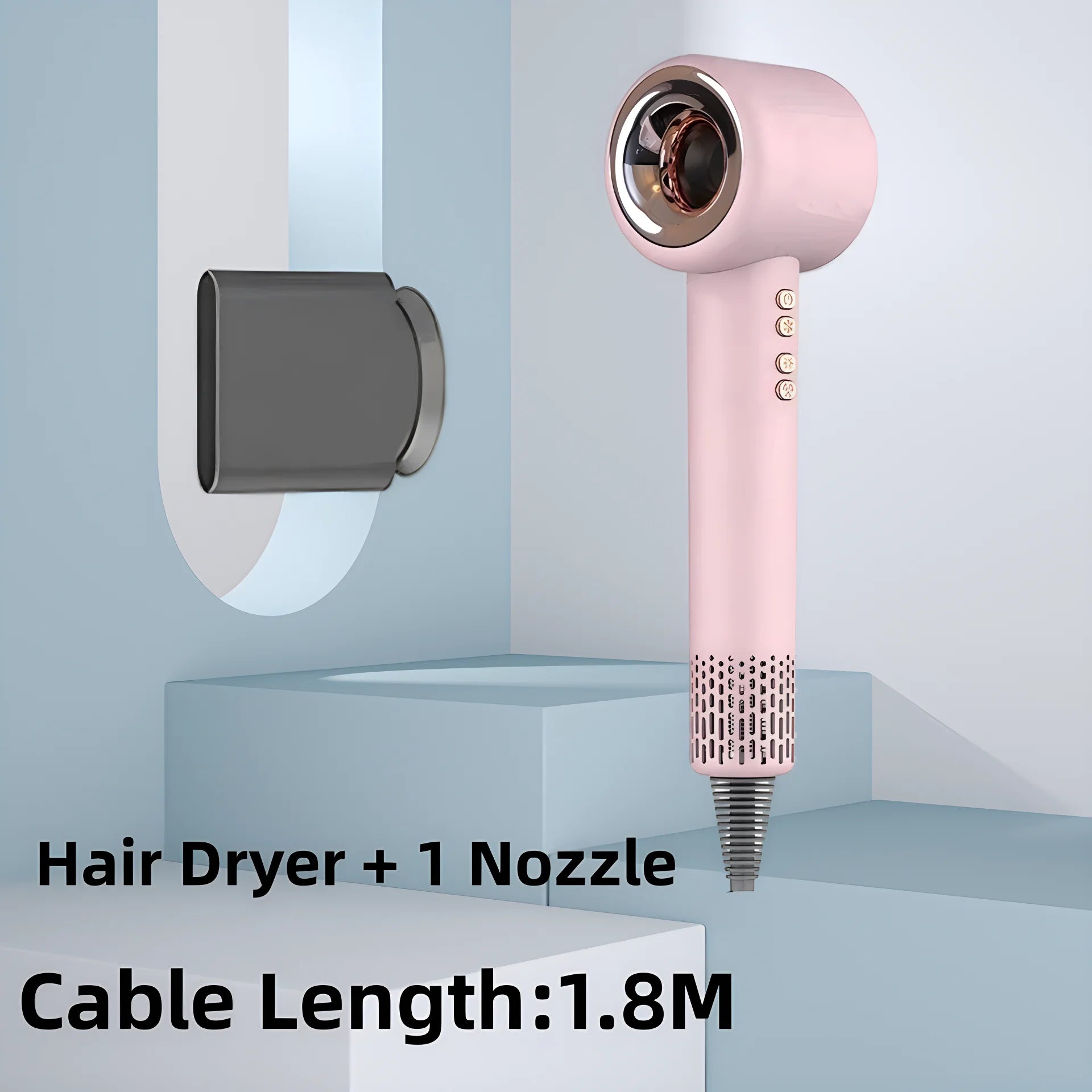 Pink 1600W silent negative ion hair dryer with nozzle attachment, constant heat, and 1.8M cord for professional care.