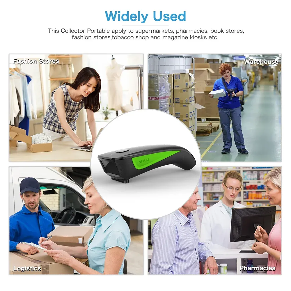 Handheld portable 2D barcode scanner with green accent on circular product cutout