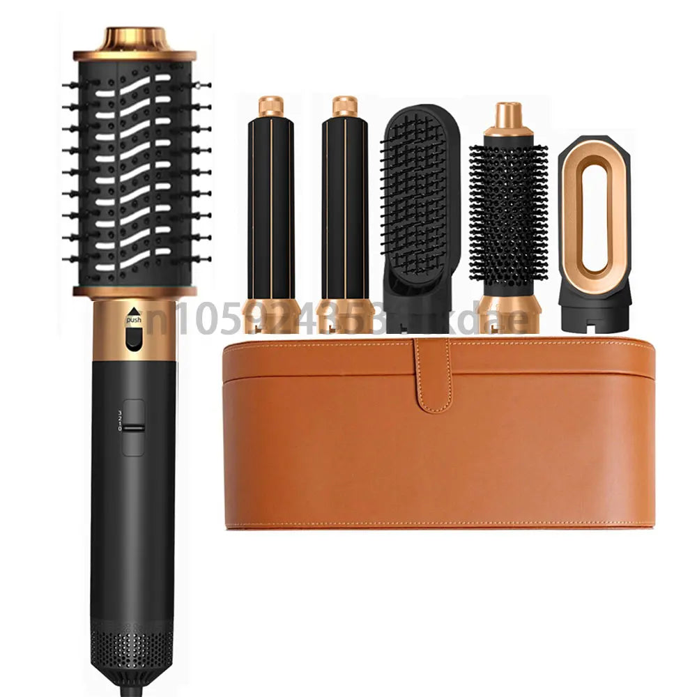 6-in-1 black and gold hair dryer brush set with curling attachments, straightener, and luxury storage case.
