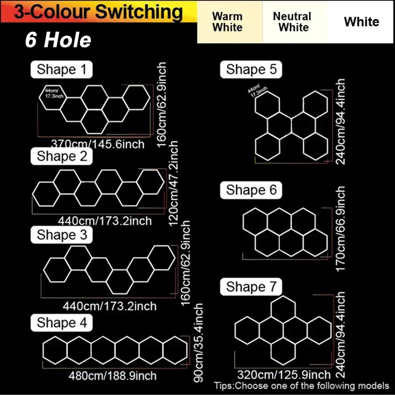 6-hole hexagon LED ceiling light layout diagrams for multiple shapes