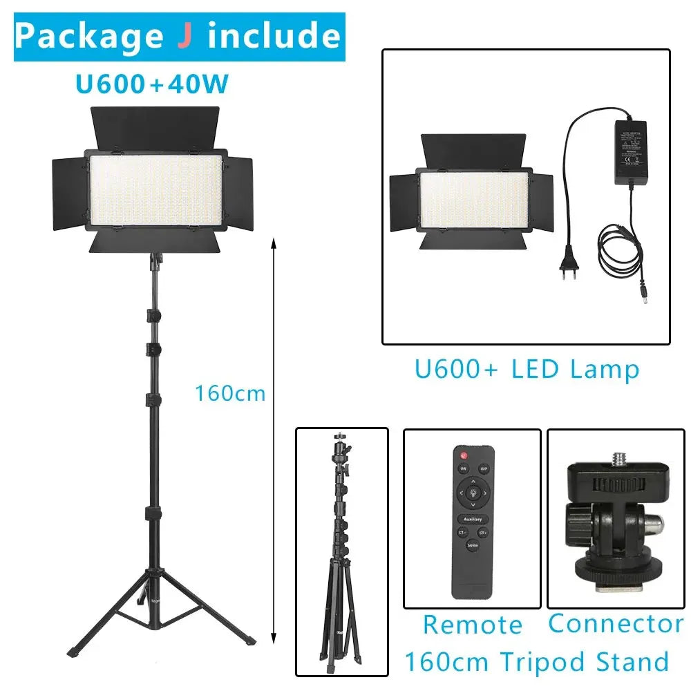 U600 LED video light panel with barn doors, 160cm tripod stand, power adapter, remote control, and camera connector.