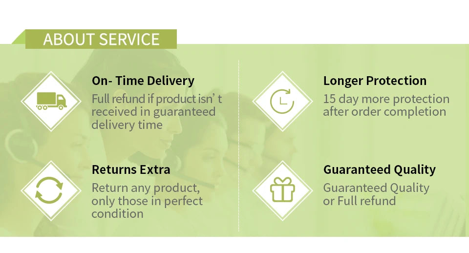 Service information banner with delivery, protection, returns, and quality icons