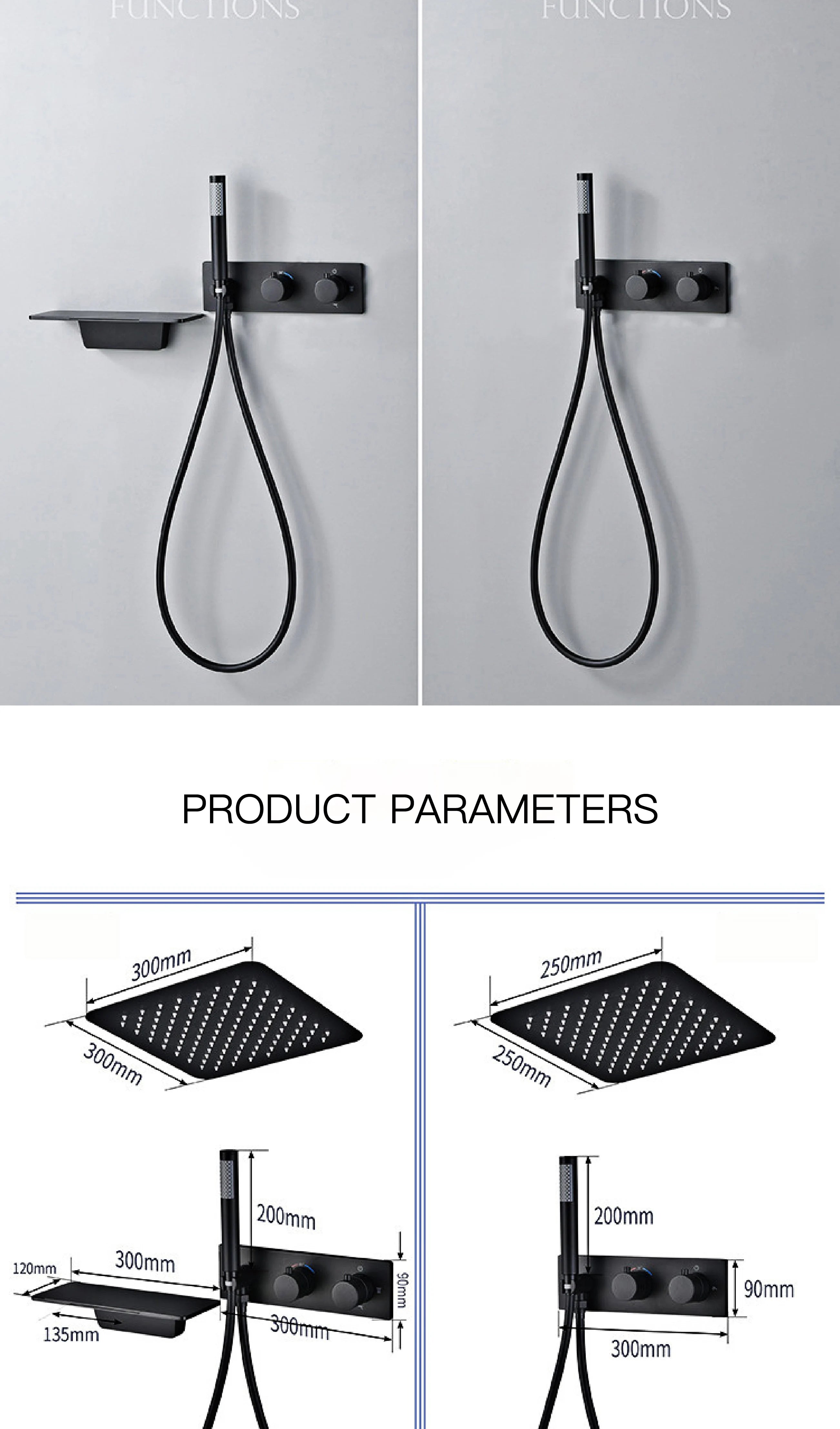 Modern Black Brass Bathroom Thermostatic Ceiling Type Shower System Wall-Mounted 3-Function Waterfall Tap for Cold & Hot Wate