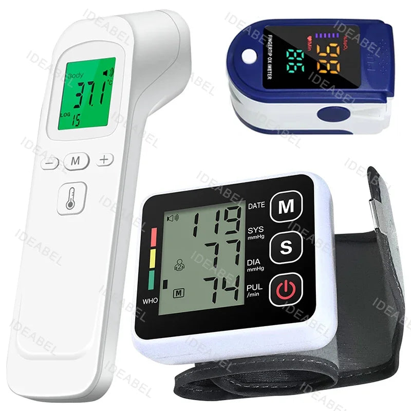 Digital Blood Pressure Monitor Wrist Tensiometer Electronic Sphygmomanometer Tonometer with LCD Forehead Digital Thermometer